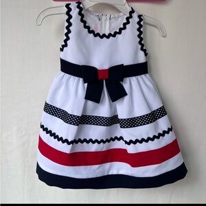 Adorable Summer White Dress w/ Navy & Red Detail Size 12 Mo w/ White Bloomers 🇺🇸
